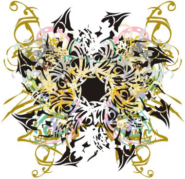 Soyut dekoratif renkli çiçekler sıçrıyor. Grunge, duvar kâğıdı, tekstil, kartlar, tişörtler, dövmeler vs. için altın ve çiçekli bir çiçek bükmüştü..