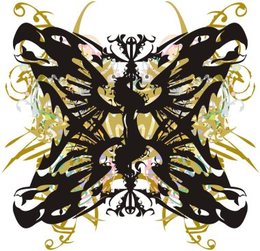 Ejderha unsurlu dört başlı renkli kartal. İçinde kanatlı bir ejderha olan dört kartal kafası ve tişörtler, duvar kağıtları, tekstil, dövmeler vs. için altın çiçekli parmak izleri..