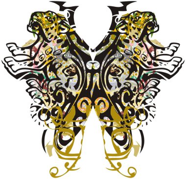 Jaguar desenli kelebek kanatları. Beyaz, tekstil, duvar kâğıdı, dövme vs. için çiçek desenli jaguar elementlerinin oluşturduğu süslü kelebek kanatları..
