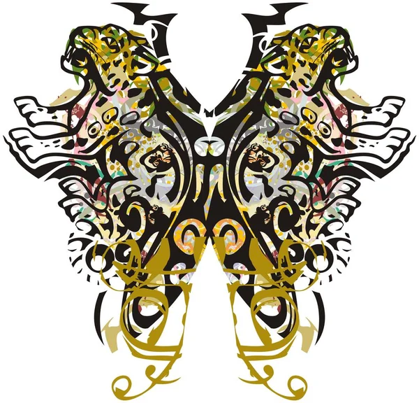飞溅的蝴蝶翅膀 有美洲豹的图案 华丽的蝴蝶翅膀 由美洲豹组成 白色的花朵装饰图案 用于印花 纺织品 纹身等 — 图库矢量图片
