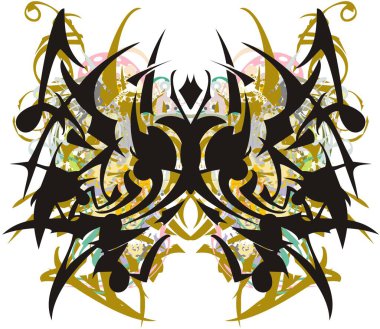 Soyut renkli, tehlikeli bir kelebek dövmesi. Tişört, poster, tekstil, duvar kağıdı vs. için beyaz arka planda çiçek ve altın rengi lekeler olan güzel kelebek sembolü..