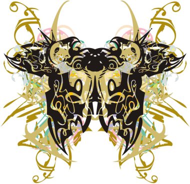 Renkli süslemeli kelebek sembolü sıçradı. Güzel altın kelebek kanatları dövmeler, posterler, baskılar, kartlar, tekstil, duvar kâğıdı vs..