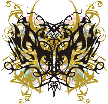 Güzel altın çiçekli kelebek kanatları sıçrıyor. İzler, dövmeler, tekstil, duvar kağıtları vs. için dekoratif elementlerin arka planına karşı bir sanat çizgisi tarafından oluşturulan soyut kelebek kanatları.