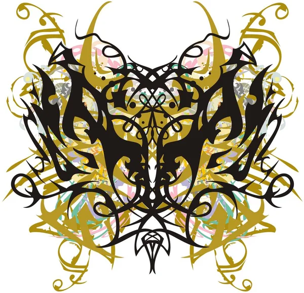 美しい黄金の花蝶の羽が飛び散った タトゥー 壁紙などの装飾的な要素を背景にアートラインによって形成された抽象蝶の翼 — ストックベクタ