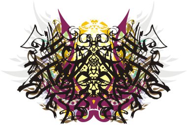 Soyut korkutucu kelebek kanatları renkli sıçramalar. Kelebek kanatları, beyaz bir arka planda ok, çiçek desenleri ve tüylerin elementleri olan sanatsal bir çizgi tarafından oluşturulan korkuya ilham verir.