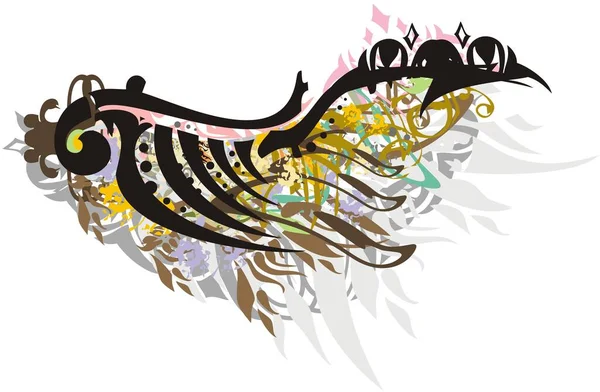 五彩斑斓的翅膀拍打着白色的翅膀 优雅的骨骼翅膀 由羽毛 花卉和金色图案 装饰元素 印刷品 纺织品 壁纸等组成 — 图库矢量图片