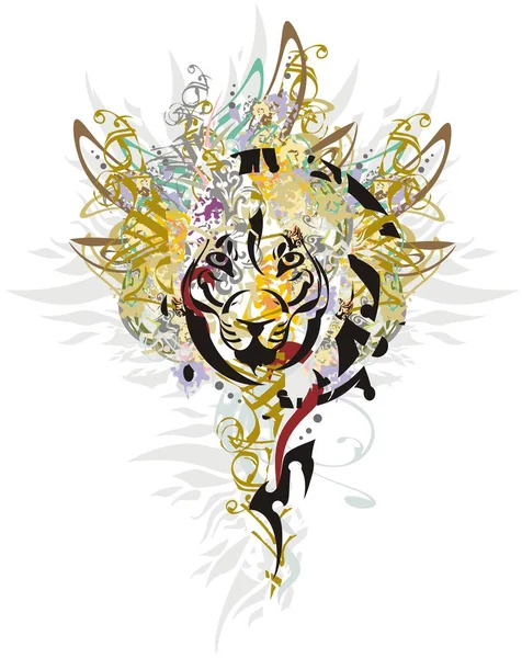 Tête Lion Colorée Dorée Éclaboussures Motifs Dorés Floraux Avec Des — Image vectorielle