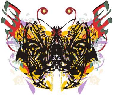 Süslü kelebek kanatları sıçrıyor. Alışılmadık bir deseni olan soyut kelebek kanatları ve renkli dekoratif elementler baskılar, tekstil, kartpostallar, posterler, dövmeler, duvar kağıtları vs..