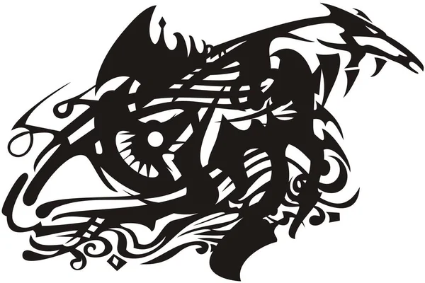 魚の形で珍しい黒と白の目のシンボル 入れ墨 エンブレム プリント ビニールカットのための抽象的な炎のアイコン 装飾要素など — ストックベクタ