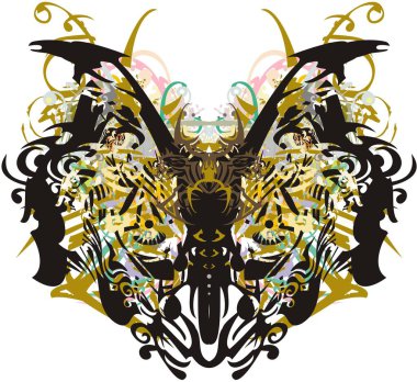 Altın ve çiçekli kelebek kanatları su sıçratır. Alışılmadık desenli süs rengi kelebek kanatları ve beyaz arka planda posterler, kartlar, baskılar, tekstil, duvar kağıtları vb..