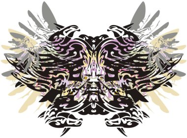 Çiçekli ve tüylü renkli kelebek kanatları. Beyaz arka planda korkunç bir kelebek. Dövmeler, baskılar, tekstil, duvar kağıtları vs. için kartal tüyü ve çiçek motifleri var..