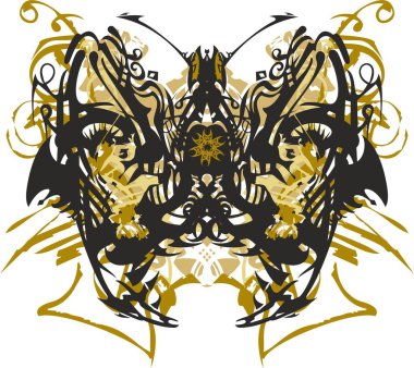 Süslü kelebek beyaz bir zemine sıçrıyor. Altın elementlere sahip fantastik etnik kelebek ve dekoratif kompozisyonlar, posterler, baskılar, tekstil, duvar kâğıdı, kartlar vb..