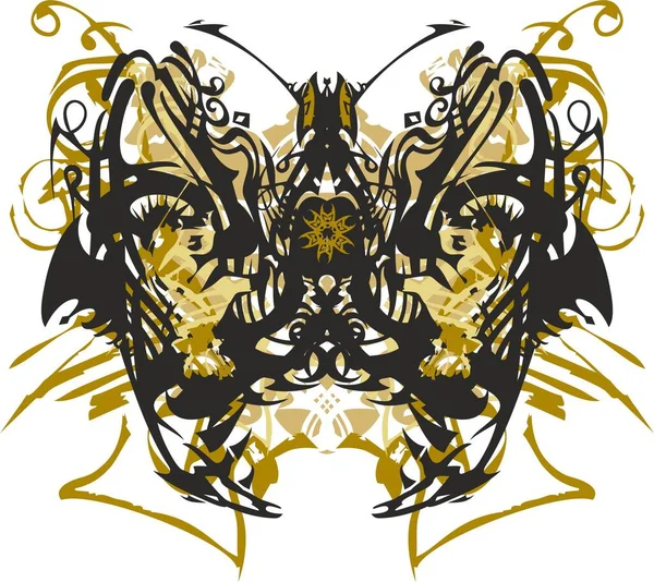 Süslü kelebek beyaz bir zemine sıçrıyor. Altın elementlere sahip fantastik etnik kelebek ve dekoratif kompozisyonlar, posterler, baskılar, tekstil, duvar kâğıdı, kartlar vb..