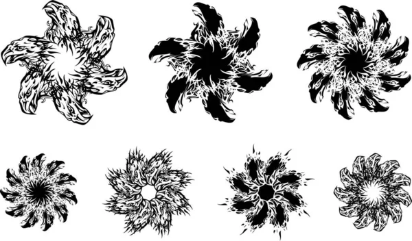 Kartal başlarından oluşturulan çiçek koleksiyonu. Kartlar için yıldızlar, tişörtler, nakış, tekstil, duvar kağıdı, dekoratif kompozisyonlar gibi soyut çiçek sembolleri. Beyaz üzerine Siyah