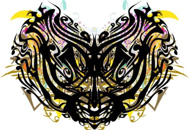 Karnaval kedisi maskesinin rengarenk sıçramaları. Alışılmadık bir şablona sahip bir kedi kafası gibi güzel, detaylı kabile maskesi, bayramlar ve etkinlikler için altın ve çiçek serpintileri, dövmeler, baskılar, tekstil, duvar kağıdı, vs..