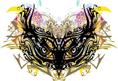 Renkli karnaval baykuşu çiçek maskesi ve altın rengi süslemeler. Beyaz arka plandaki Grunge kabilesinin tehlikeli baykuş maskesi bayramlarda ve etkinliklerde, dövmelerde, baskılarda, posterlerde, tekstil ürünlerinde, duvar kağıtlarında vs. kullanılabilir..