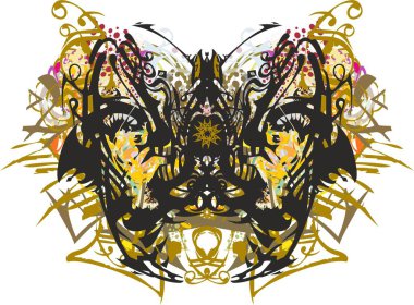 Tehlikeli renkli kelebek kanatları çiçekli ve altın renginde. Dekoratif kompozisyonlar, dövmeler, posterler, baskılar, tekstil, duvar kâğıdı, kartlar gibi alışılmadık şekillere sahip mistik bir etnik kelebek..