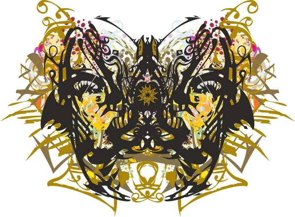 Tehlikeli renkli kelebek kanatları çiçekli ve altın renginde. Dekoratif kompozisyonlar, dövmeler, posterler, baskılar, tekstil, duvar kâğıdı, kartlar gibi alışılmadık şekillere sahip mistik bir etnik kelebek..