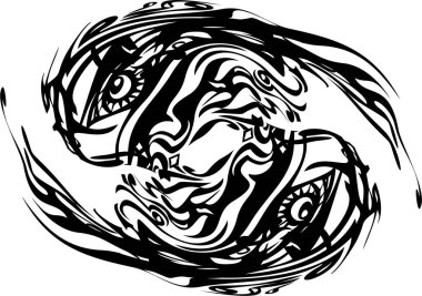 Korkunç dalgalı çifte balık sembolü dövmesi. Logo, nakış, nakış, parmak izi, çıkartma, ağ simgesi, tekstil vb. için çarpık balık sembolü. Beyaz üzerine Siyah