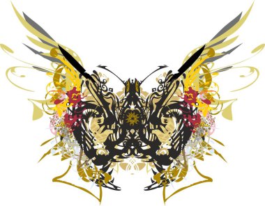 Korkunç çiçek ve altın kelebek kanatları sıçrıyor. Yaratıcı fikirler, dövmeler, posterler, tişörtlerdeki baskılar, tekstil, duvar kâğıtları, kartlar gibi alışılmadık kalıplara sahip soyut şeytani kelebek..