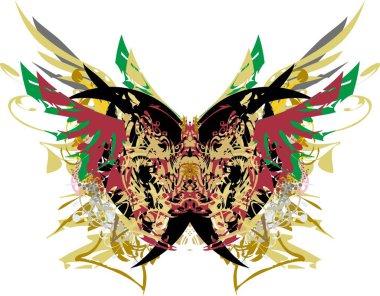 Korkunç kelebek kanatları beyaz bir zemine sıçrıyor. Tişört, tekstil, dövme, duvar kâğıdı gibi tehlikeli bir kelebeğin kanatlarında koyu kırmızı, altın ve renkli çiçek motifleri var..