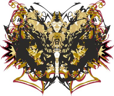Altın ve koyu kırmızı elementli korkunç kelebek kanatları. Afişler, dövmeler, tekstil ürünleri, duvar kağıtları, kartlar, baskılar için beyaz arka planda çiçek ve hayvan motifleri olan tehlikeli bir kelebek..