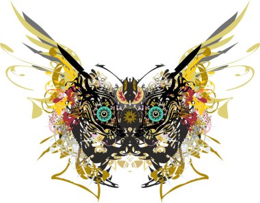 Renkli sıçrayan güzel, tehlikeli kelebek kanatları. Çiçekli, altın motifli süslü kelebek kanatları ve yaratıcı fikirleriniz, baskılarınız vs. için beyaz arka planda kocaman gözler..