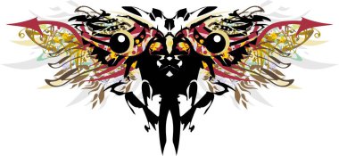 Korkunç renkli kelebek kanatları ve kocaman gözleri var. Altın elementler, gri tüyler ve kelebek kanatlarında koyu kırmızı oklar. Fikirleriniz için beyaz bir zemin üzerinde alışılmadık bir desen.