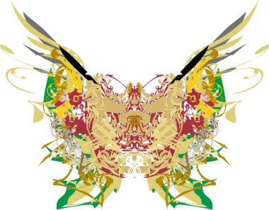 Çiçekli ve tüylü renkli kelebek kanatları ve Kızılderili motifleri. Soyut kelebek, altın ve renkli çiçeklerle süslenmiş beyaz arka planda tatiller ve olaylar için, baskılar, duvar kağıtları, vs..