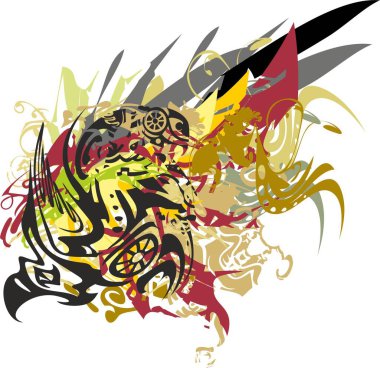 Dekoratif elementli kel kartal. Grunge öfkeli kartal sembolü rengarenk sıçramalar ve beyaz arkaplandaki tüyler tişört, tekstil, duvar kağıdı vs..