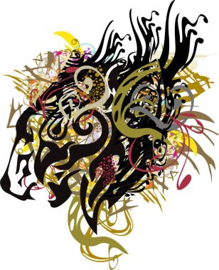 Beyazın üzerinde kartal kafası olan aslan kafası sıçramış. Kükreyen aslan kafası çiçek motifleri ve renkli damlalarla tişörtler, tekstil, tattolar, posterler, kartlar, duvar kağıtları vs..