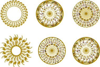 Süslü çiçek çemberleri ve beyaz üzerine altın tonlarda yıldız elementleriyle çerçeveler. Tekstil, duvar kağıdı, spor oyunları, baskılar, tattolar, tatiller ve etkinlikler için klasik daireler, arka plan ve dokular