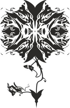 Siyah-beyaz etnik çiçek dövmesi. Davetiye kartları, arka planlar ve dokular, duvar kağıtları, tekstil, baskılar, çıkartmalar vs. için alışılmadık bir şablona sahip soyut çarpık çiçek.