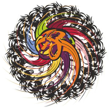 Renkli elementlerle siyah daire. Senin tasarımın için beyaz üzerine kuş gibi. Tatiller ve etkinlikler için 3B efektli süs çemberi, baskılar, duvar kağıdı, tekstil, arka plan ve dokular, davetiye kartları