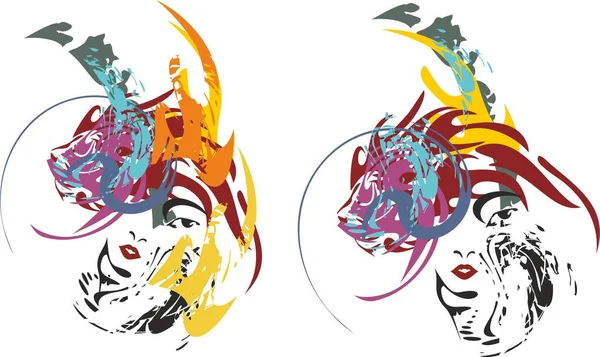 Färgade Flicka Ansikte Vitt Två Alternativ Långt Färgglatt Hår Mode Vektorgrafik