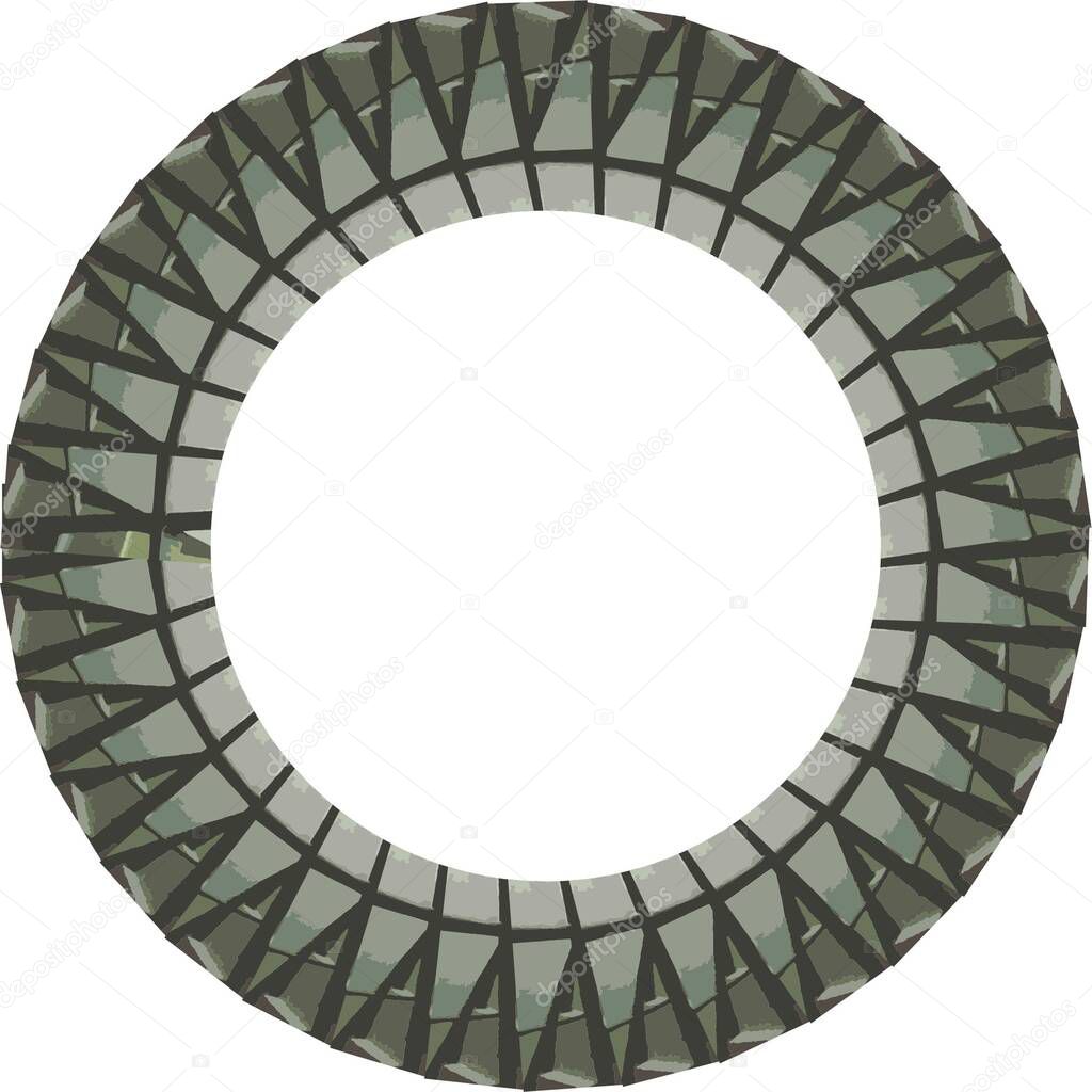 3D circle frame in dark gray tones on white for your designs. An abstract frame that imitates metal structures or a transport wheel for prints, construction concepts, textiles, etc.