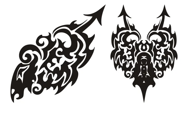 Dragão negro tribal com uma seta e coração de dragão — Vetor de Stock