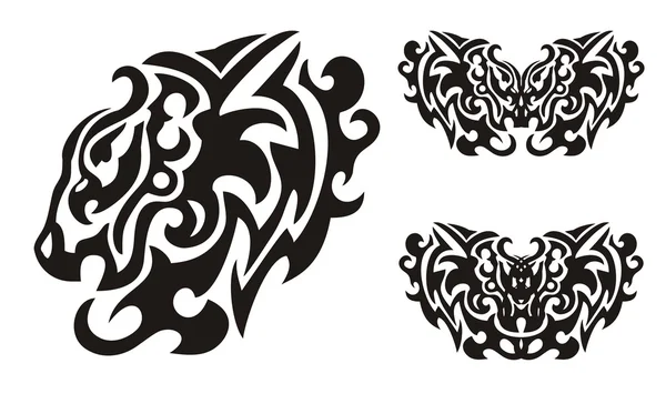 Cabeza de león tribal y símbolos de mariposas formadas por la cabeza de águila — Vector de stock
