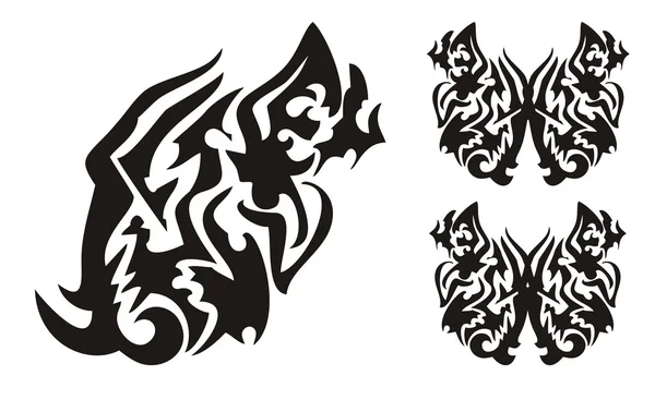 Asa de borboleta tribal na forma de cabeça de dragão e tatuagem de borboletas —  Vetores de Stock