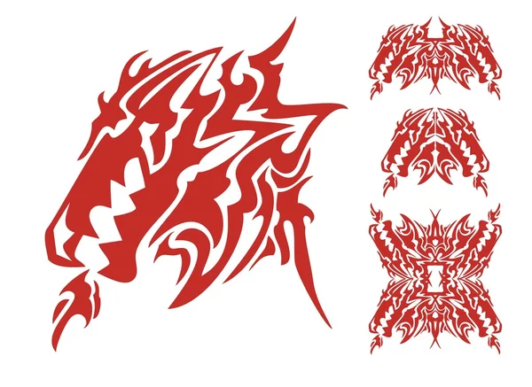 Tribal dragon huvud med en öppen mun och dragon element — Stock vektor