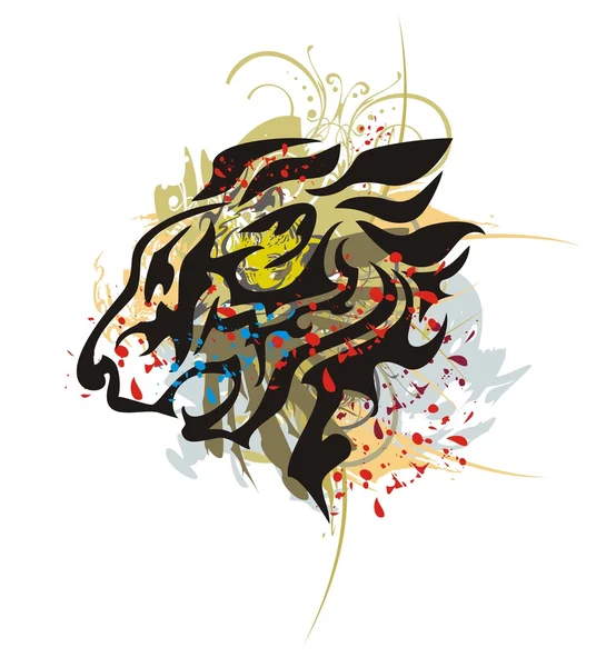 Tête de lion rugissante tribale avec éclaboussures et gouttes de sang — Image vectorielle