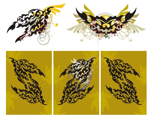 Tribal fire dragon splashes and a dragon triptych — Stock Vector