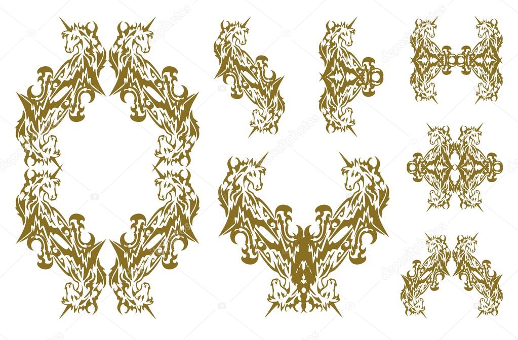 Tribal decorative golden unicorn symbols