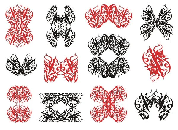 Tribal wolf symboler och wolf ramar. Rött och svart på vitt — Stock vektor