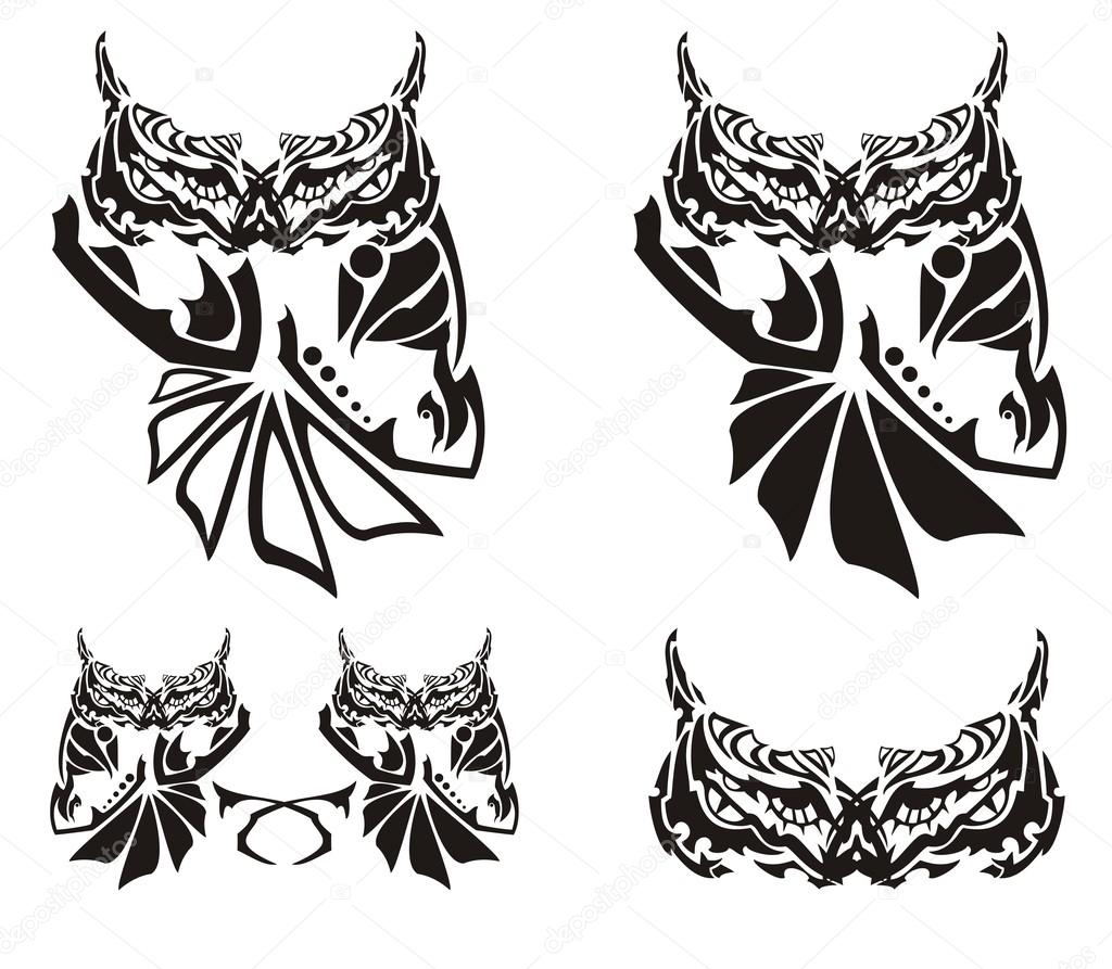 Ornate owl symbols in tribal style