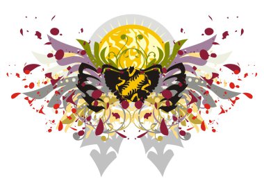 Kan damlaları ve dekoratif güneş ile çiçek kelebek