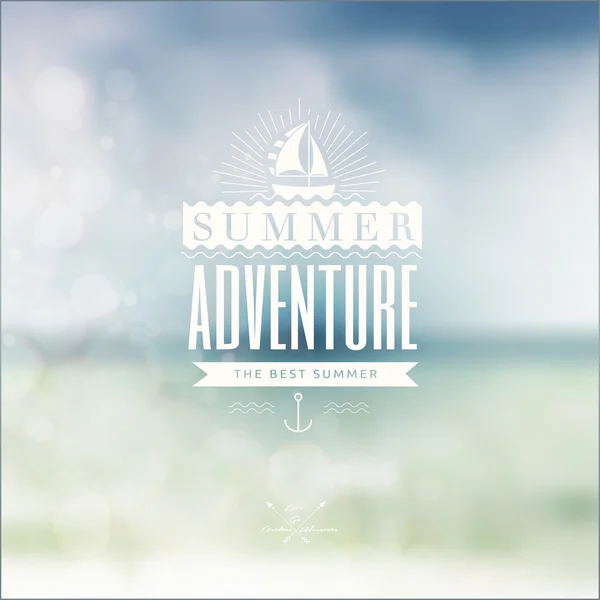 Vector blurred landscape background with summer adventure badge — Stock Vector