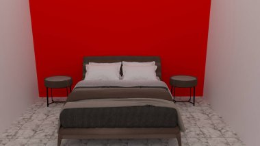 Modern çift kişilik yatak. Beyaz arka planda izole edilmiş..