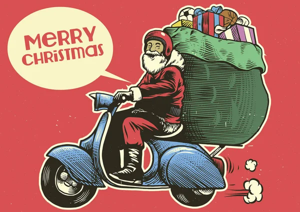 Estilo Dibujo Mano Santa Claus Montar Una Motocicleta Scooter — Vector de stock