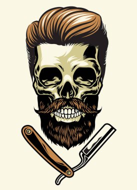 bearded barberman skull in hand drawn